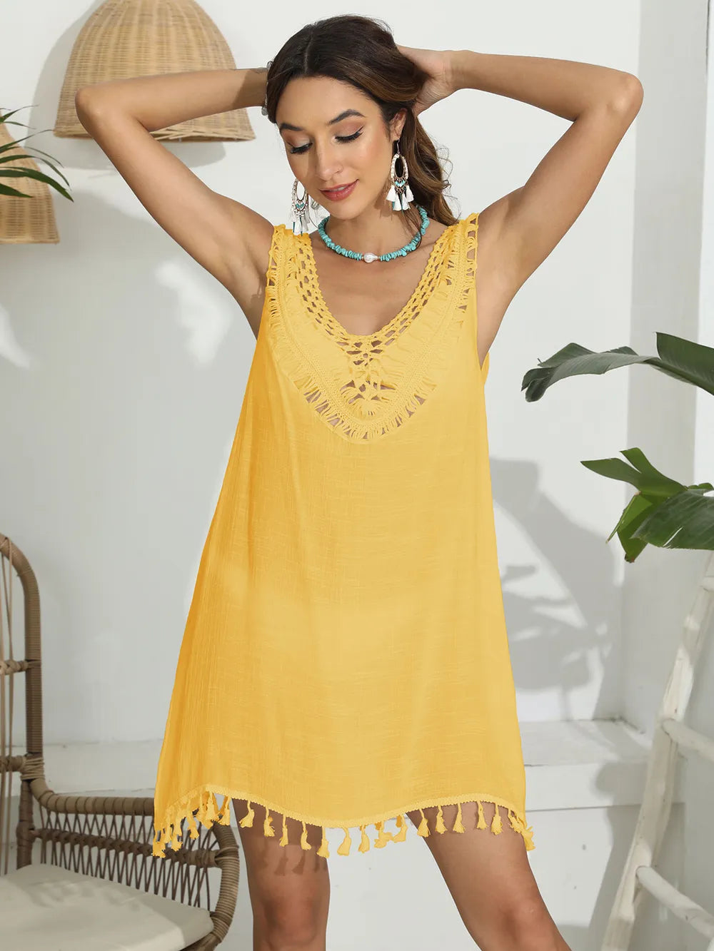 Semi sheer tassel cover up drape