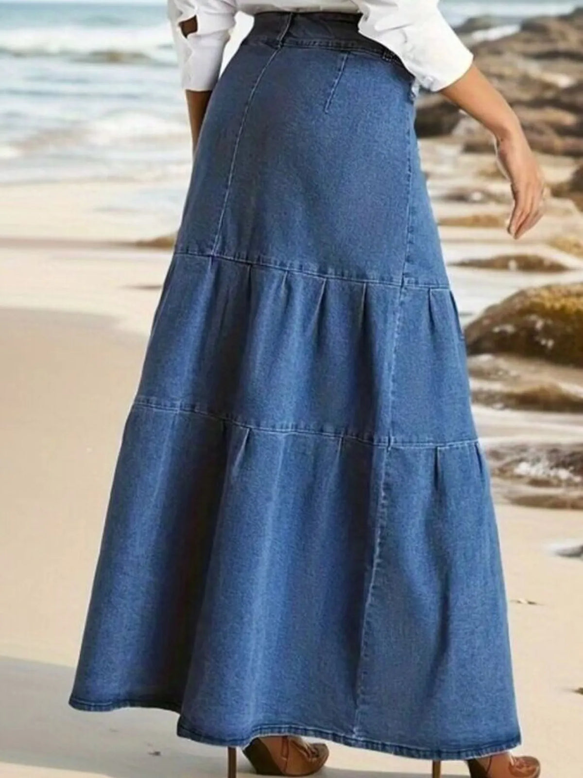 Tiered blue denim maxi skirt, full length styling