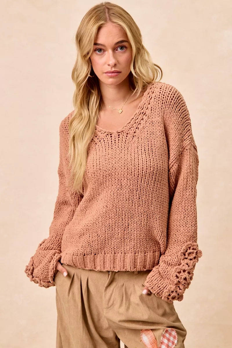 Chunky Knit Sweater with Floral Sleeves in Dusty Peach styled look