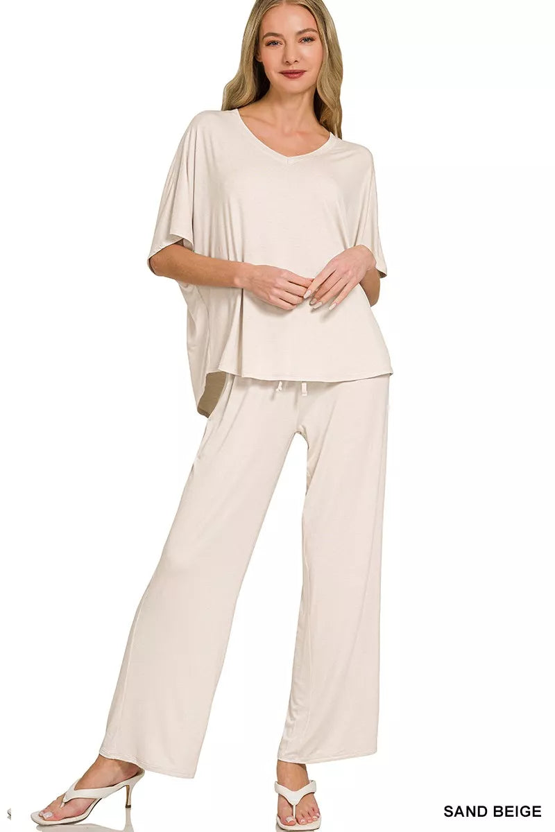 V neck oversized top and pants set in sand beige front view