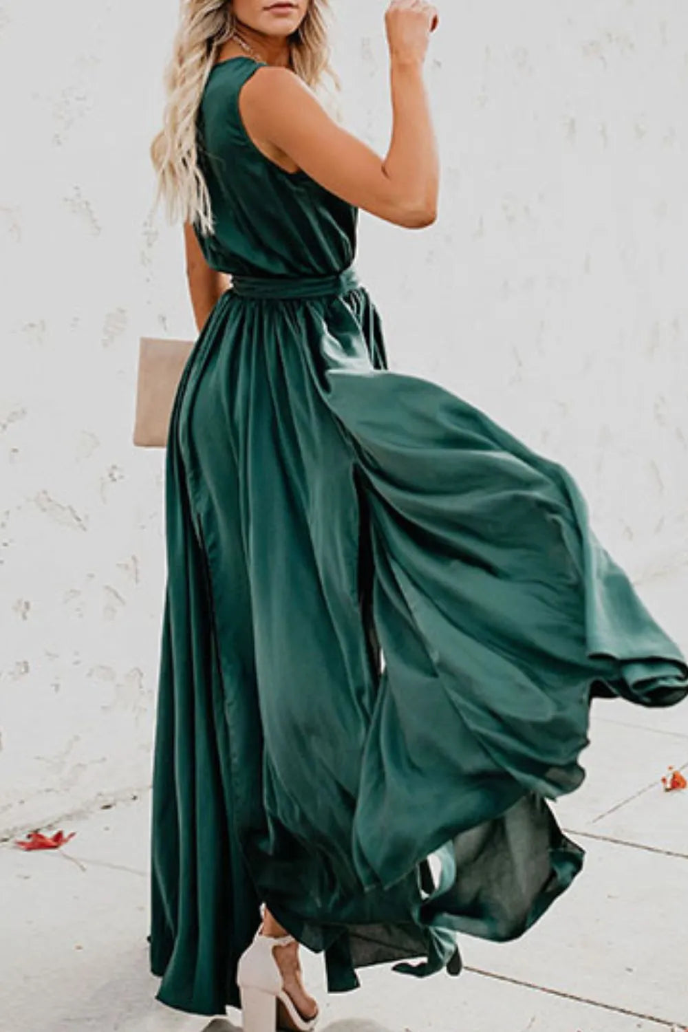 Surplice tie waist maxi dress flat lay view