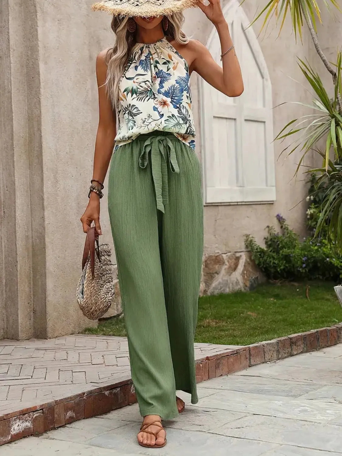 Printed Tank Top and Wide Leg Pants Set - Fashorio