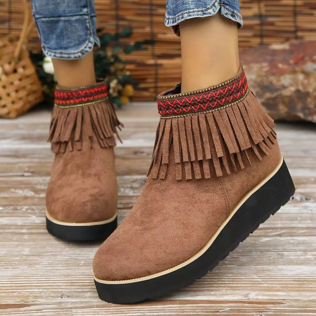 Fringe round toe ankle boots full length view