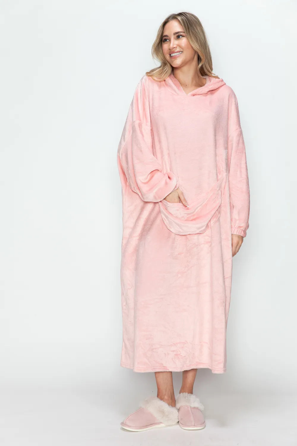 Double Take Full Size Pocketed Hooded Midi Lounge Dress - Fashorio