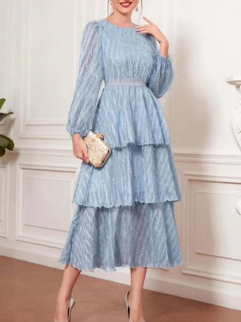 Layered balloon sleeve midi dress front view