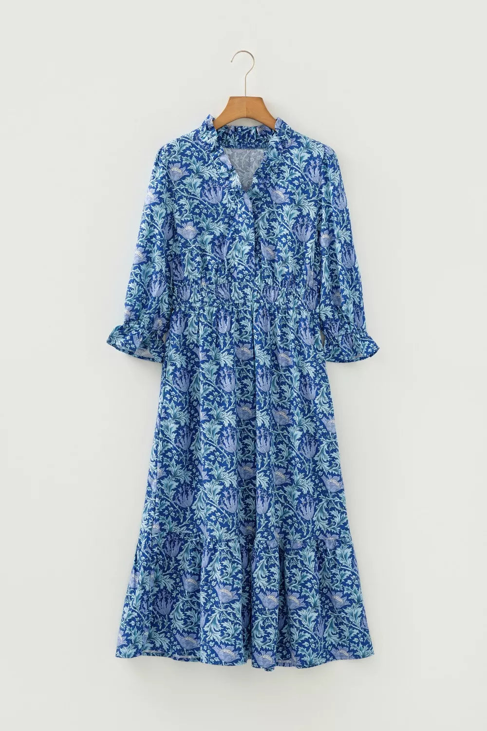 Dusty blue floral V neck tiered maxi dress detail view