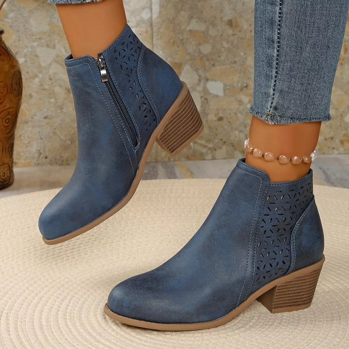 Point toe block heel boots full length side view