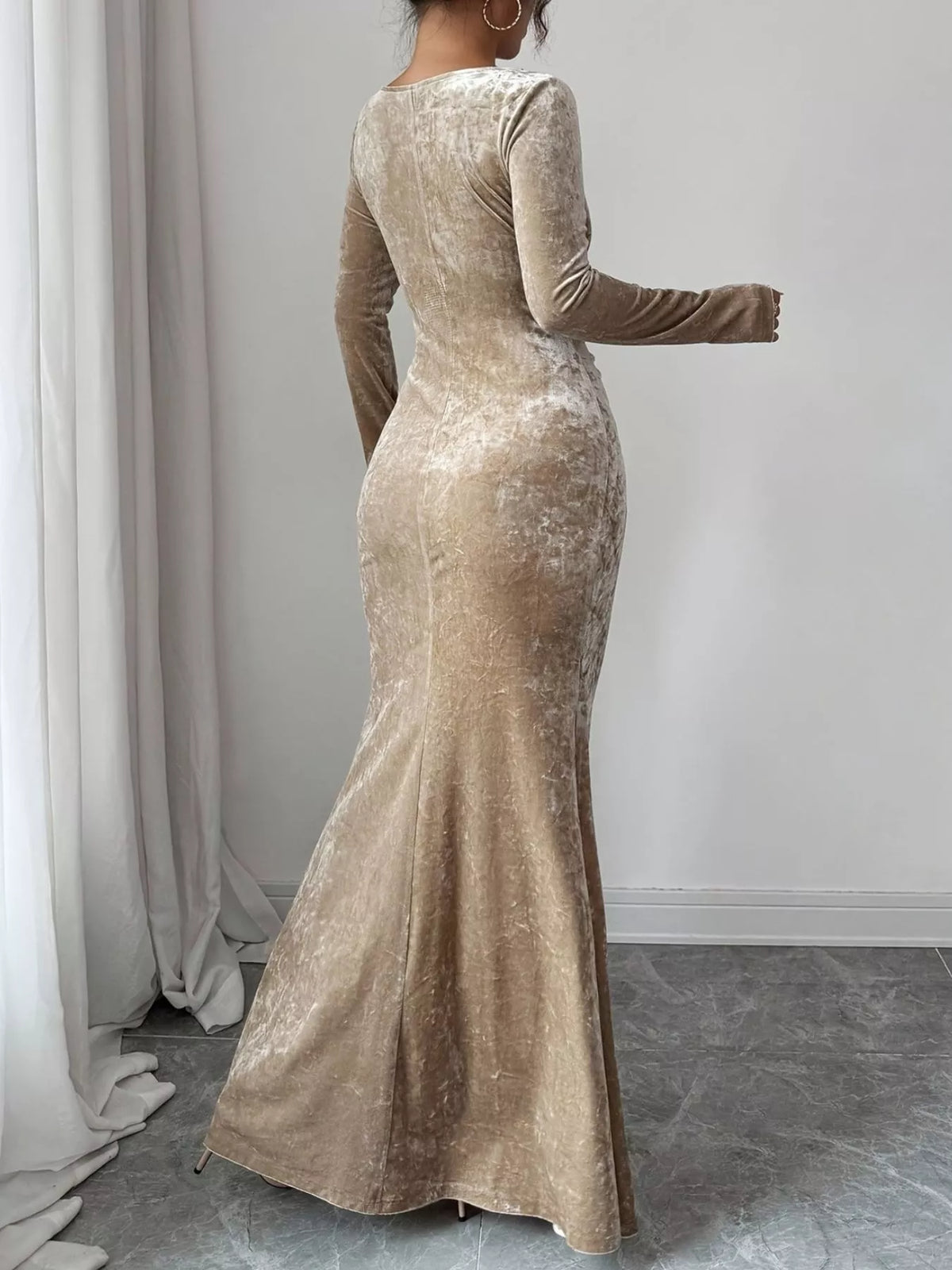 Velvet ruched bodycon maxi dress in khaki, full length styling