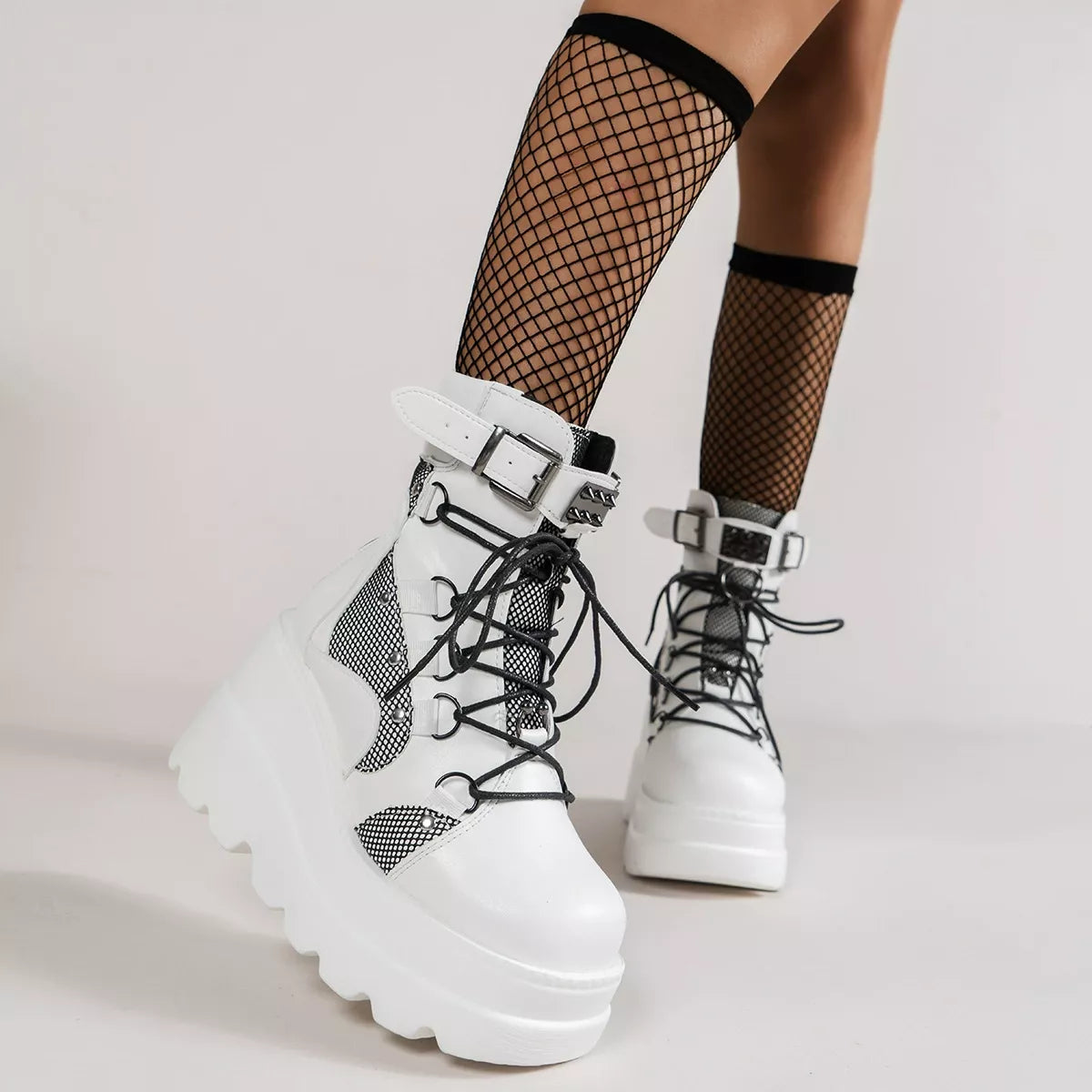 Lace up platform wedge boots back heel view