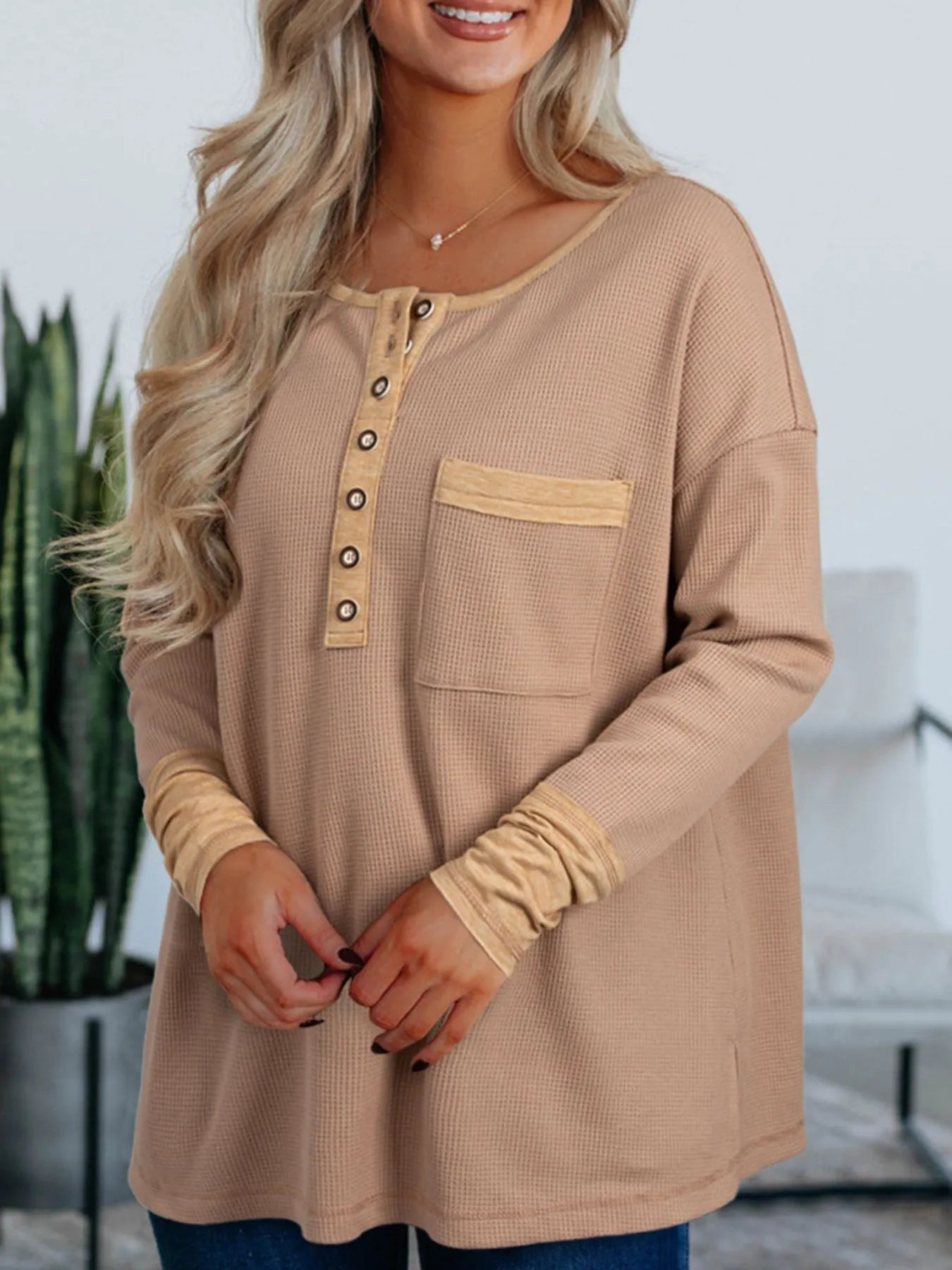 Waffle Textured Tunic Henley Top with Slits Dark Khaki - Fashorio