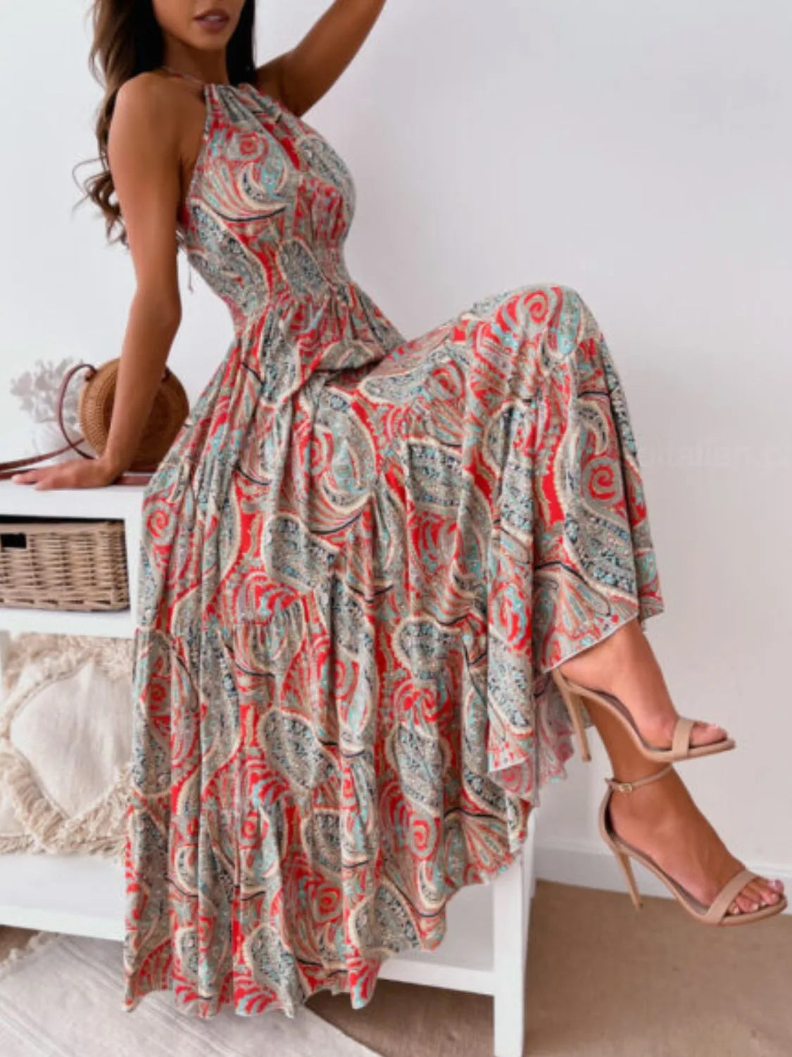Printed halter neck backless maxi dress, full length view