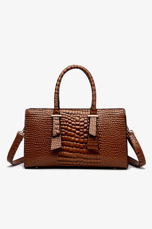 Textured PU Leather Handbag Dark Brown One Size - Fashorio