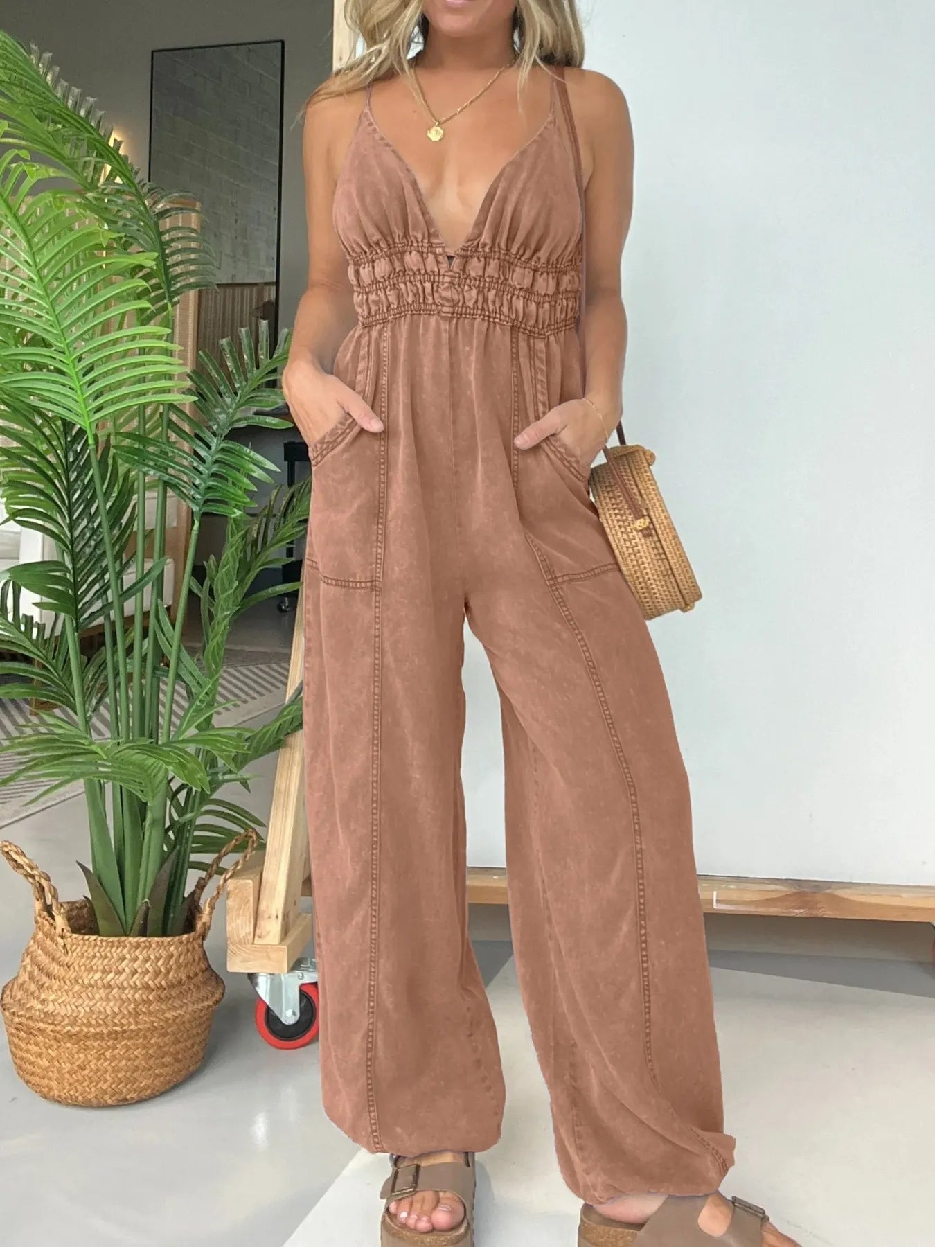 Full Size Wide Leg Spaghetti Strap Jumpsuit Plus Size Brown - Fashorio