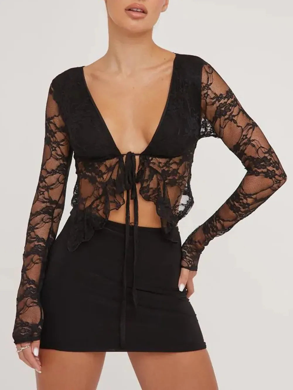 Tied plunge long sleeve lace crop top black front view