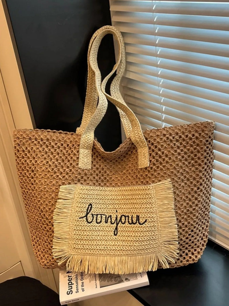 Khaki fringe straw shoulder bag front view