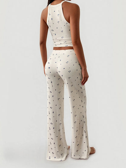 Floral Ribbed Cami and Wide Leg Pants Set - Fashorio