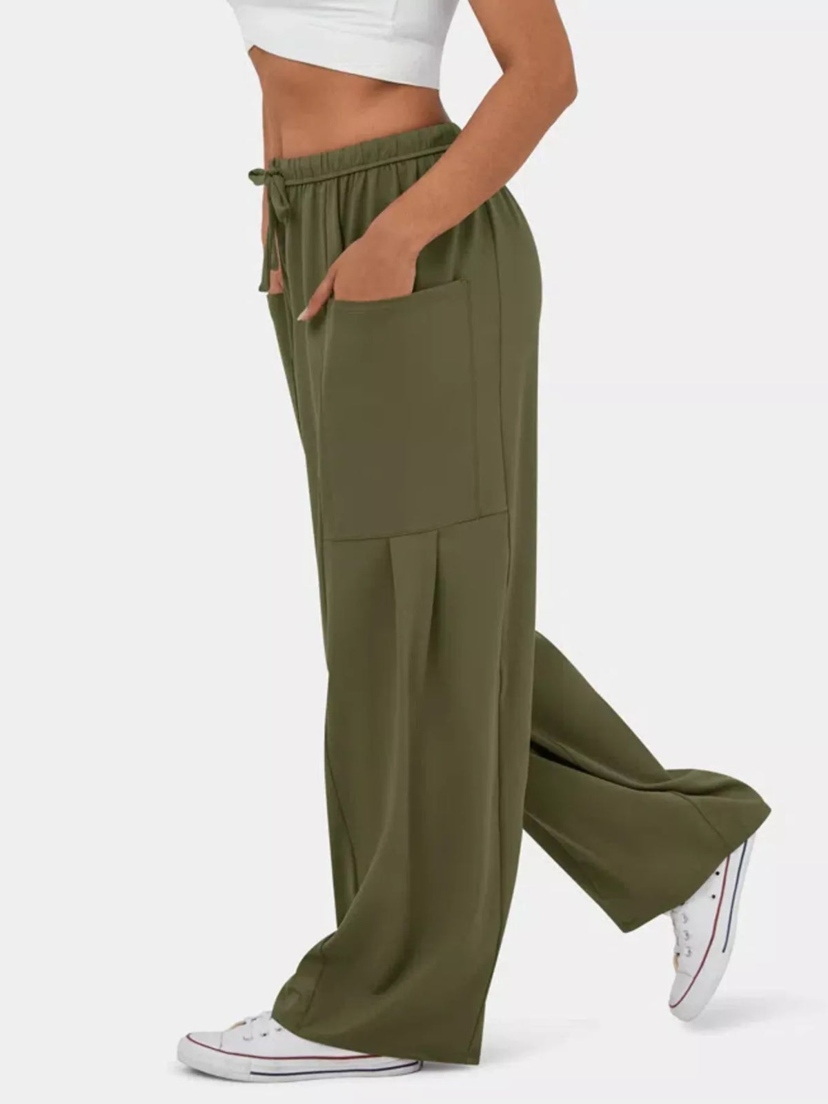 High waisted wide leg drawstring pants styled view