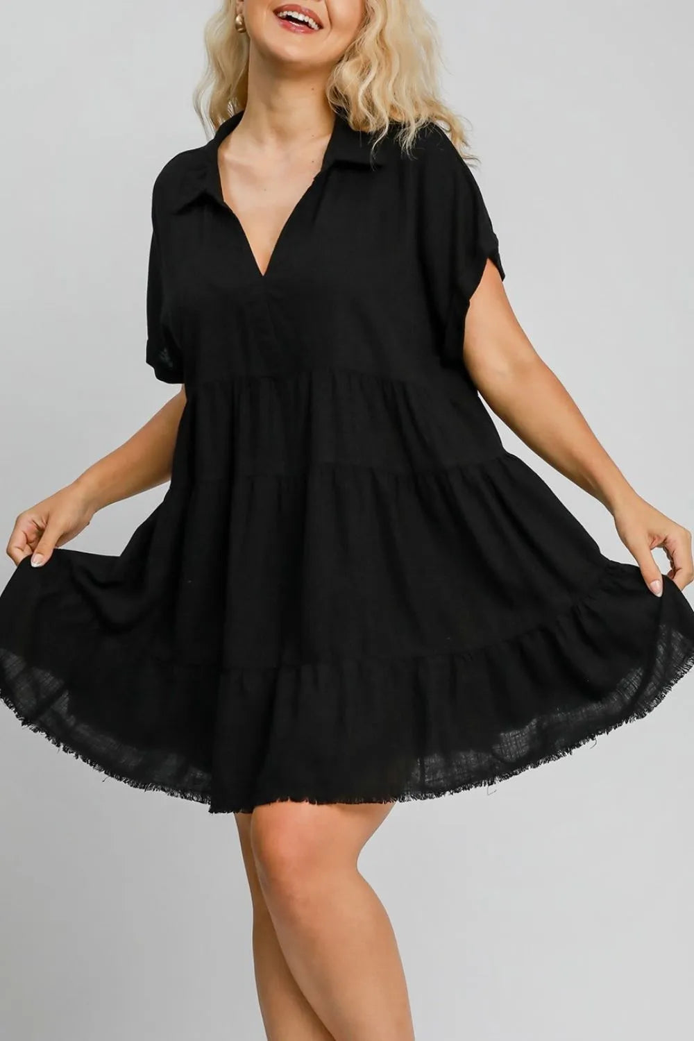 Raw Hem Folded Sleeve Tiered Dress back view