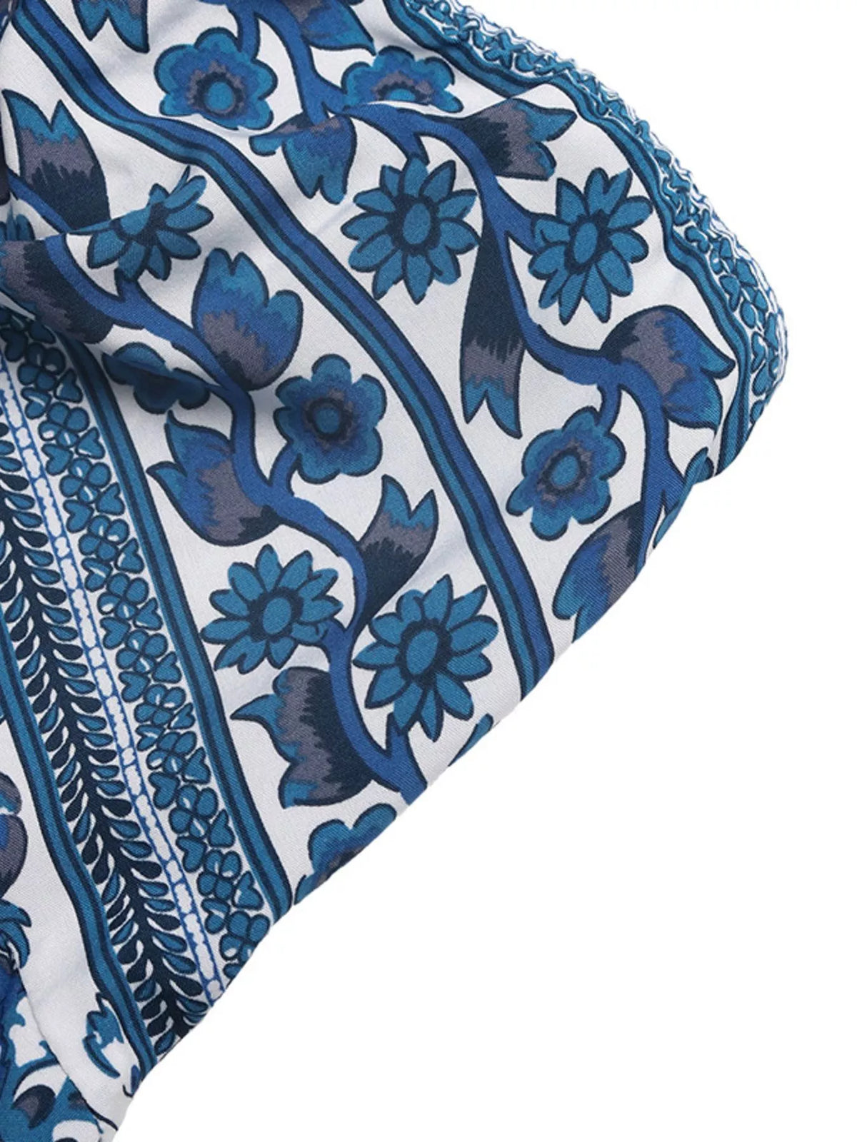 Blue floral strapless maxi dress fabric detail
