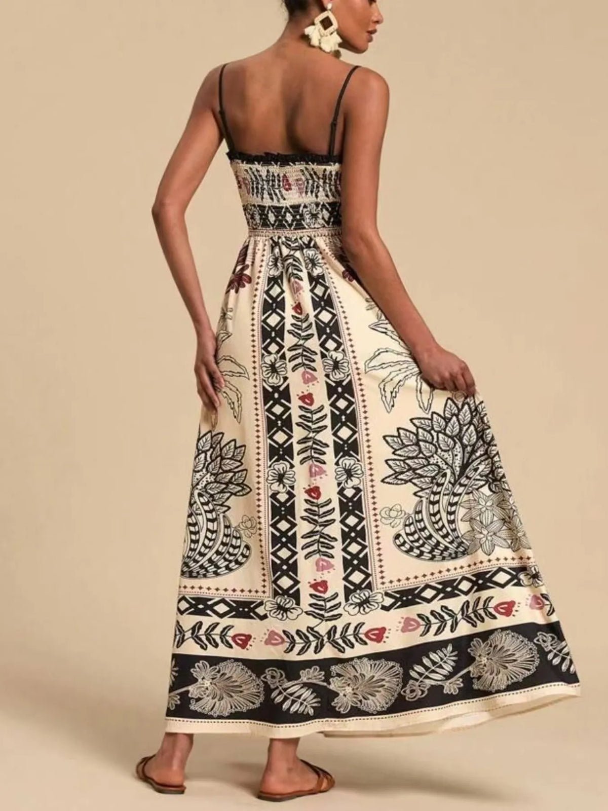 red and white smocked spaghetti strap printed maxi dress full length view