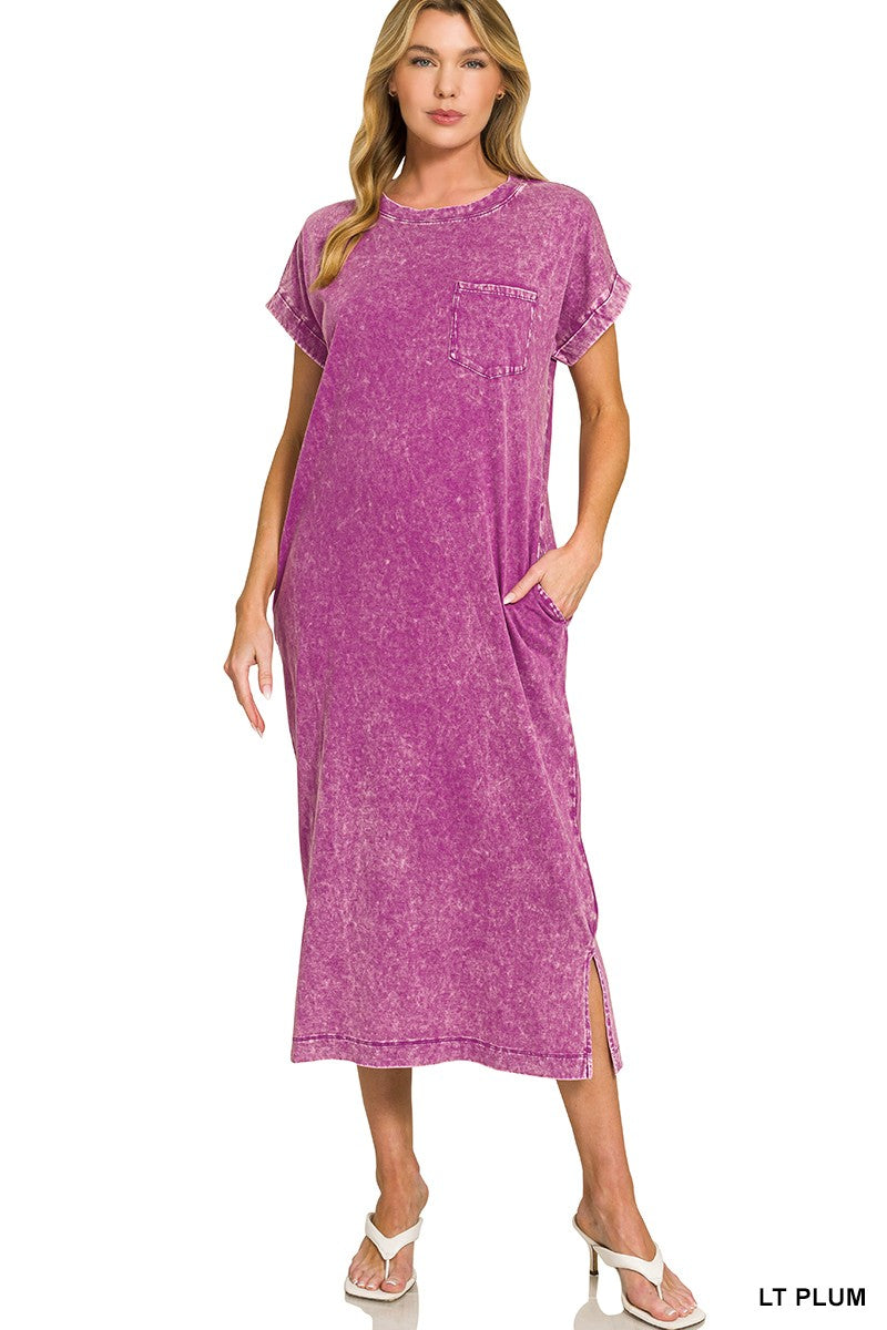 Washed Exposed Seam T Shirt Dress in Plum