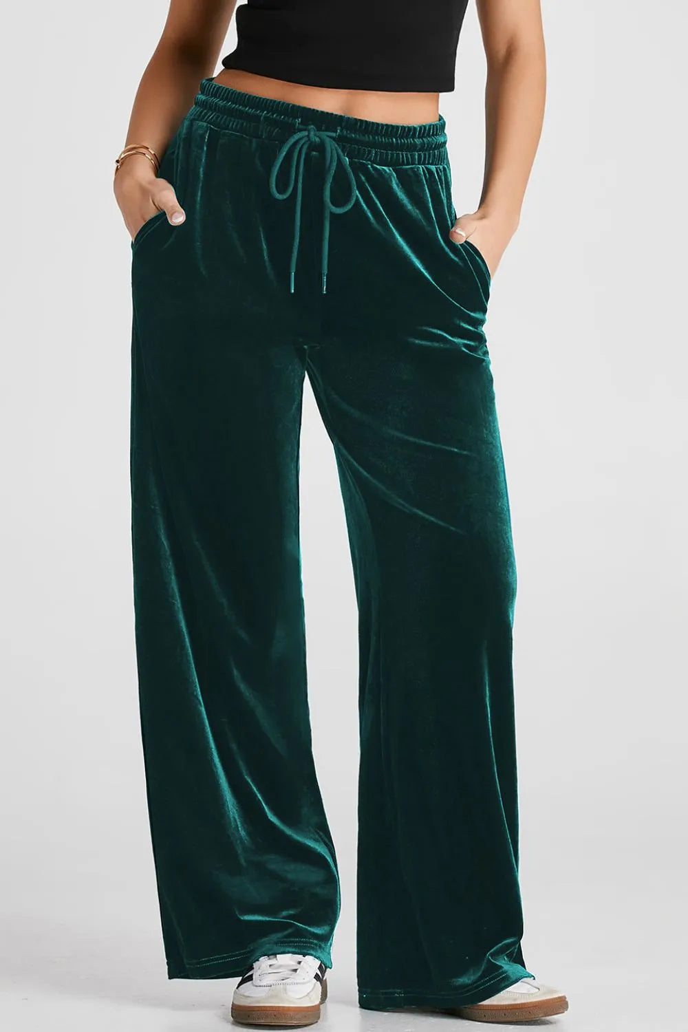 Drawstring Waist Wide Leg Active Pants Black Forest - Fashorio