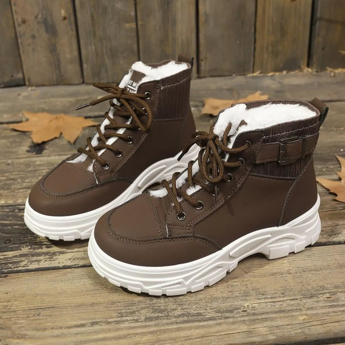 Plush lining lace up boots angled view