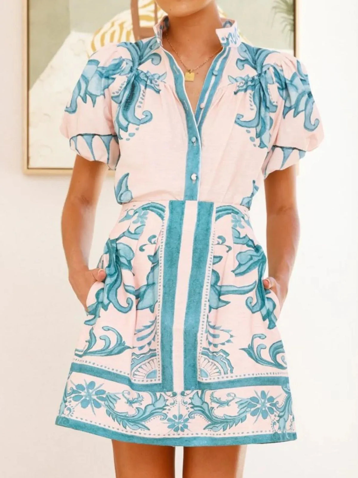 Printed Puff Sleeve Top and Skirt Set, view 6