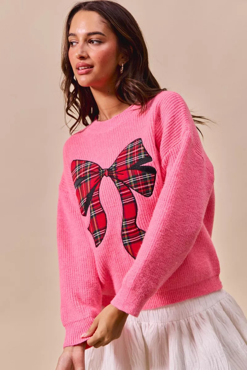 Checker Plaid Ribbon Christmas Sweater in Pink view 9