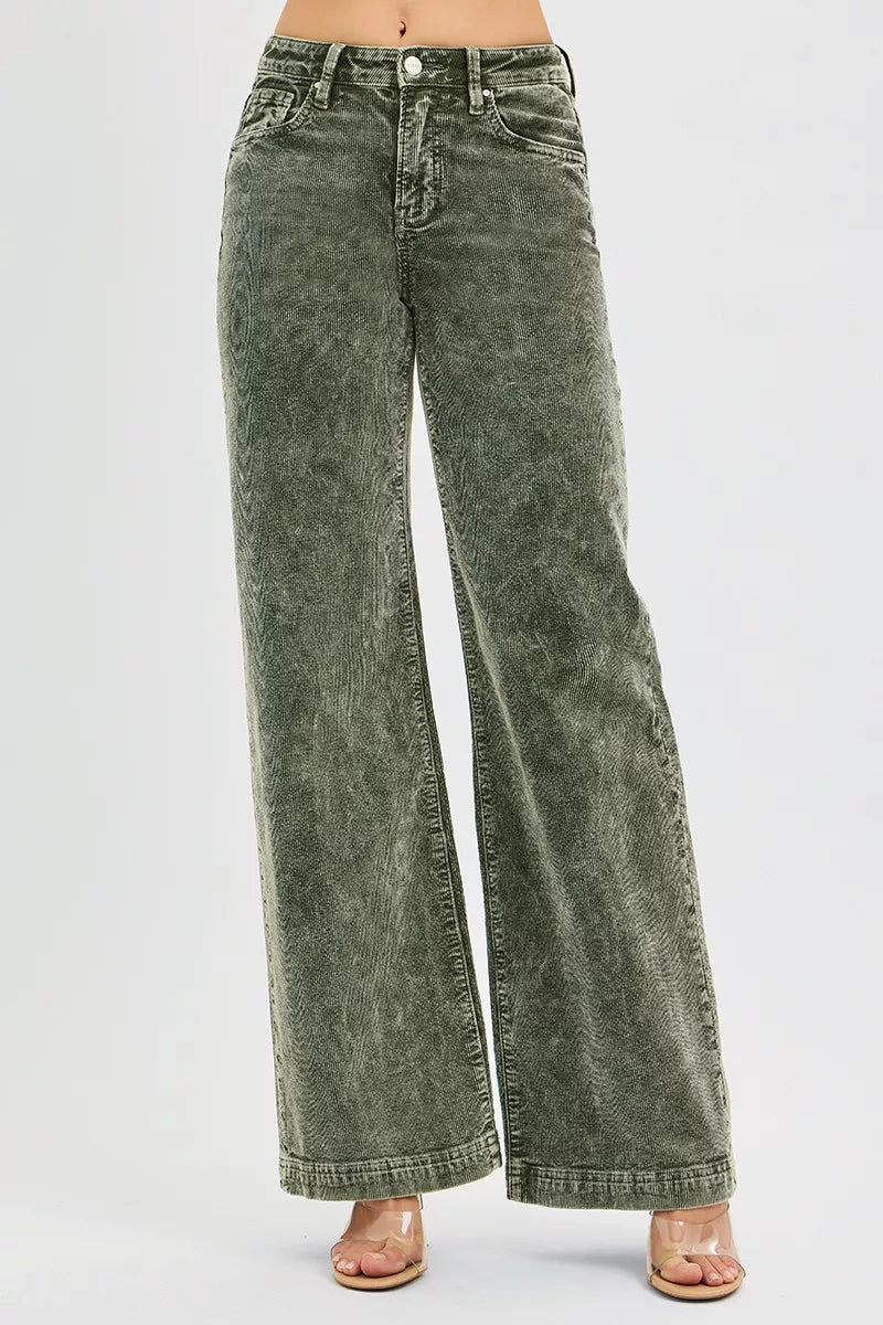 RISEN forest green corduroy wide leg jeans front view