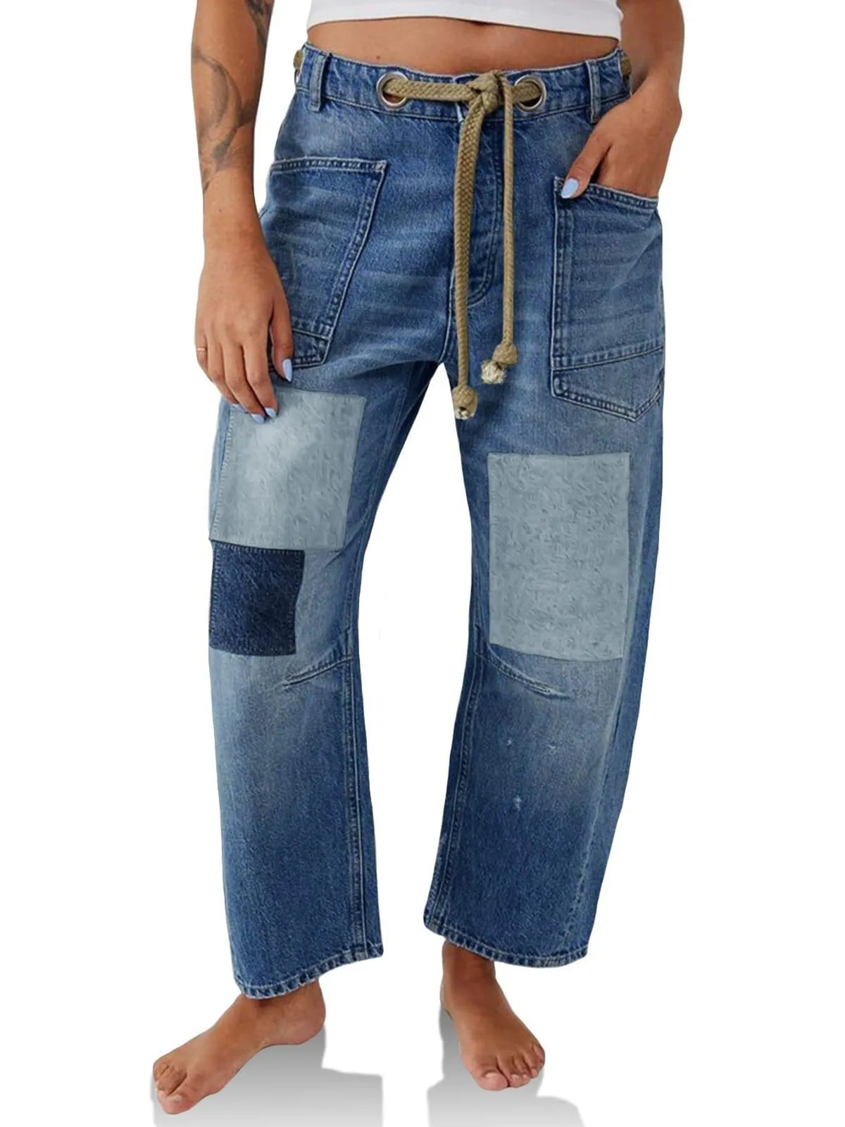 Drawstring waist on washed jeans