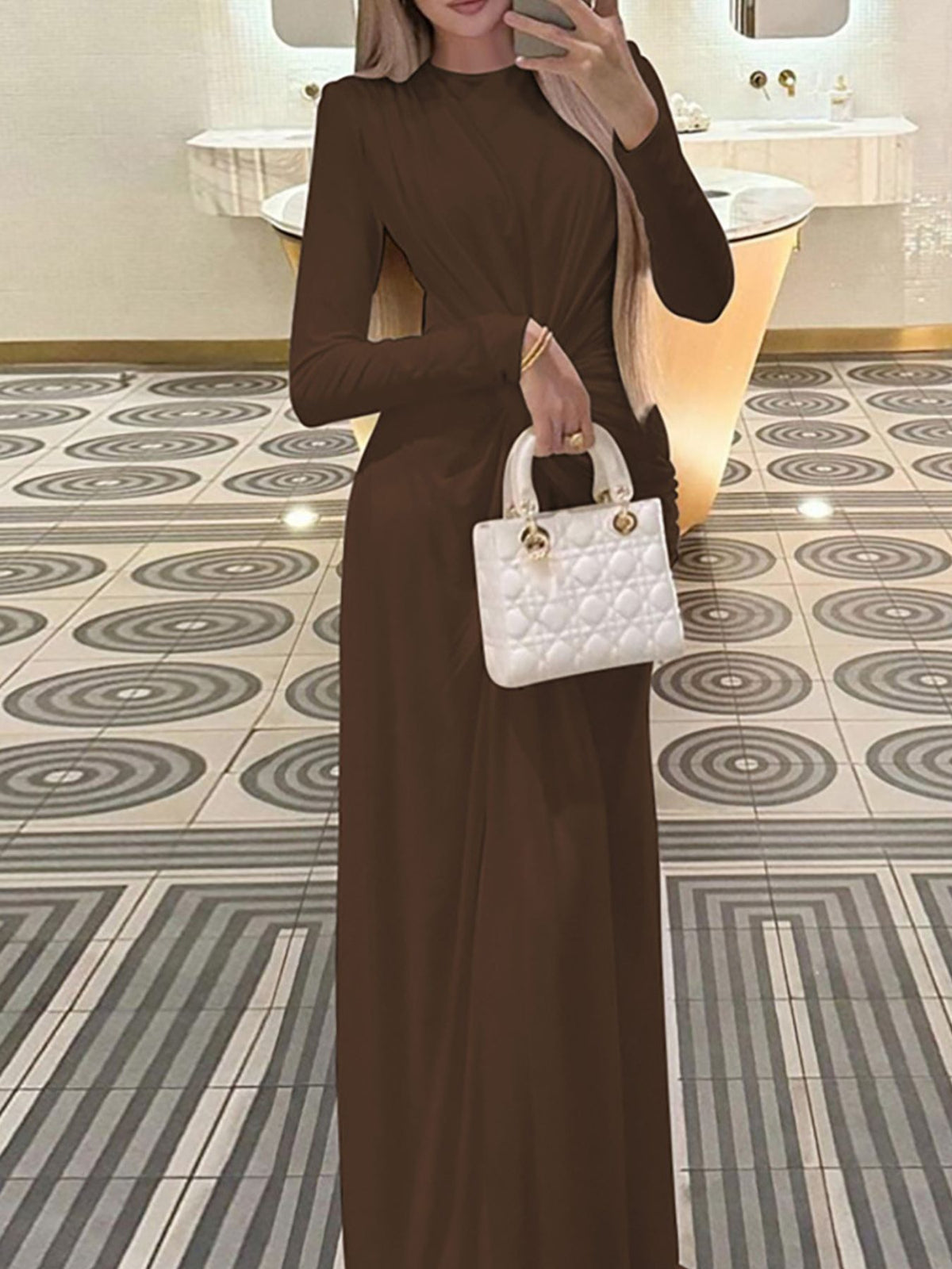 Ruched knot front long sleeve maxi dress back view