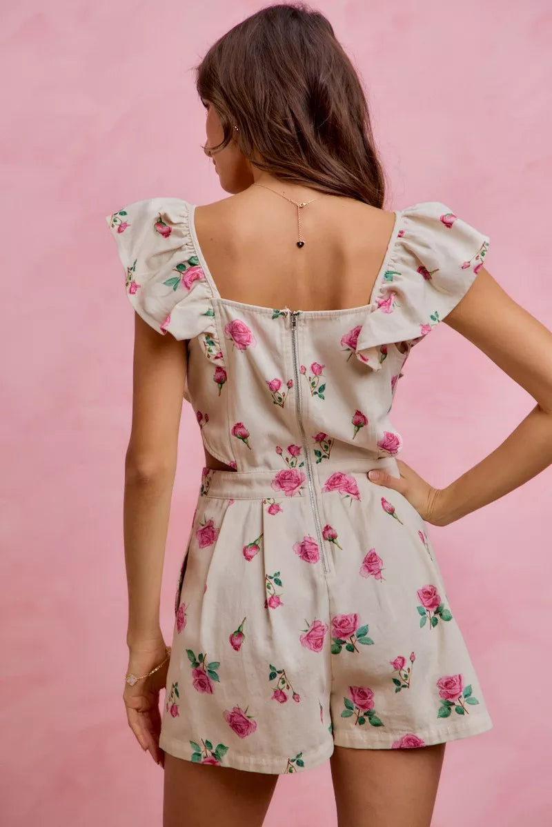 Floral Print Denim Cut Out Waist Ruffled Romper back view