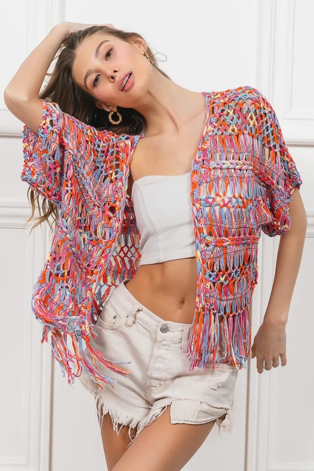 BiBi Open Front Fringed Crop Knit Cardigan - Fashorio