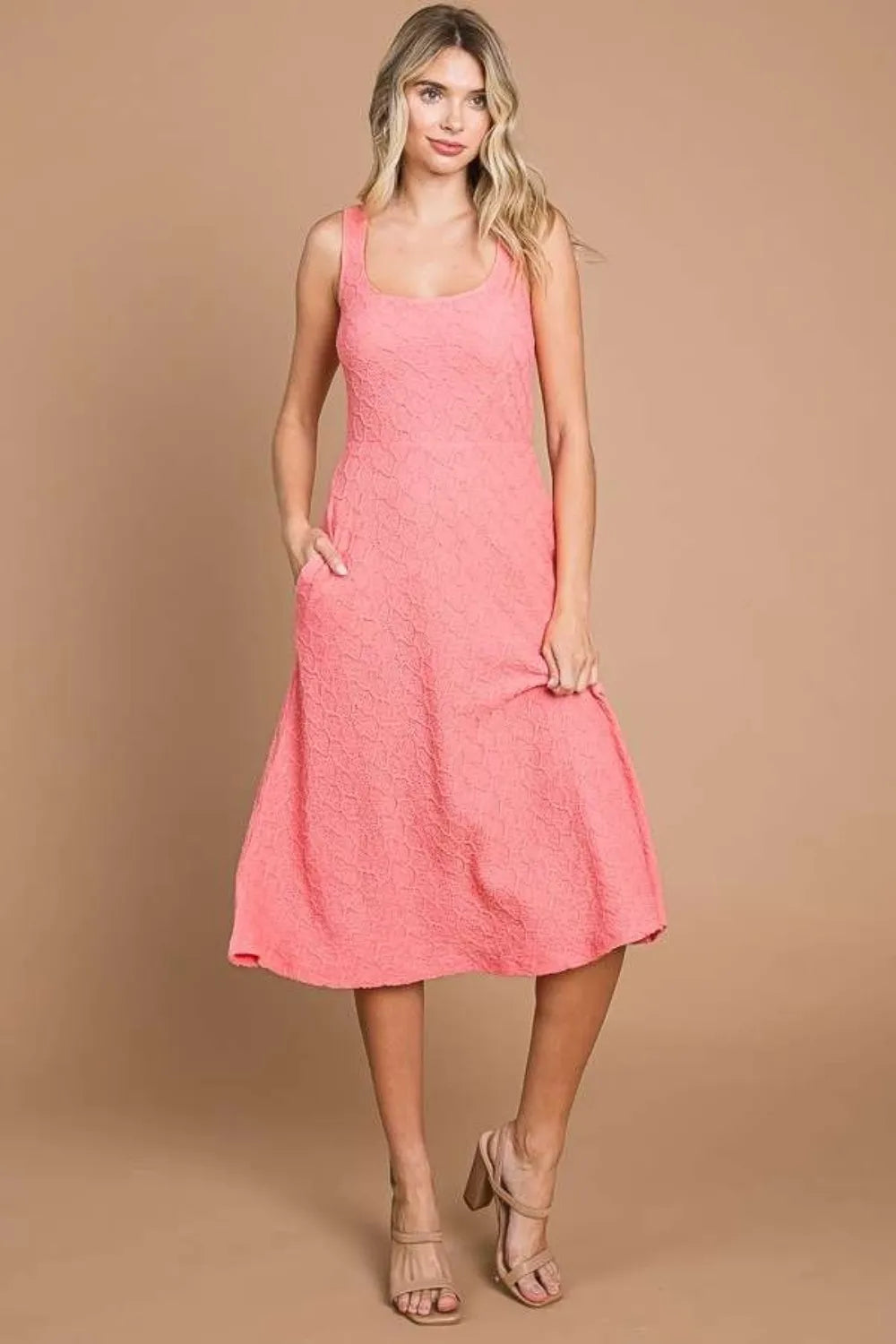 Textured Square Neck Tank Dress with Pockets in Pink