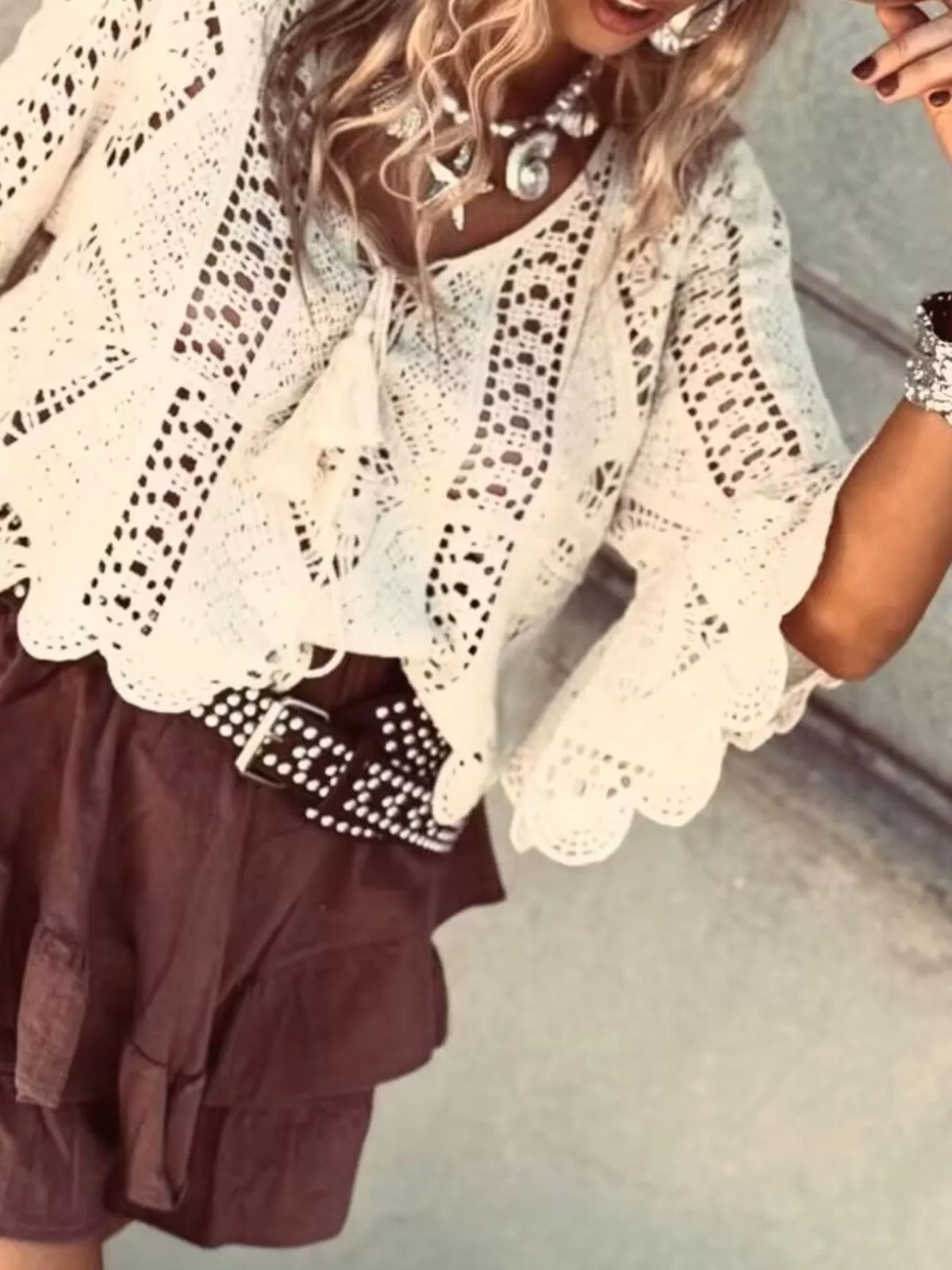 V-neck crochet top with tassel trim