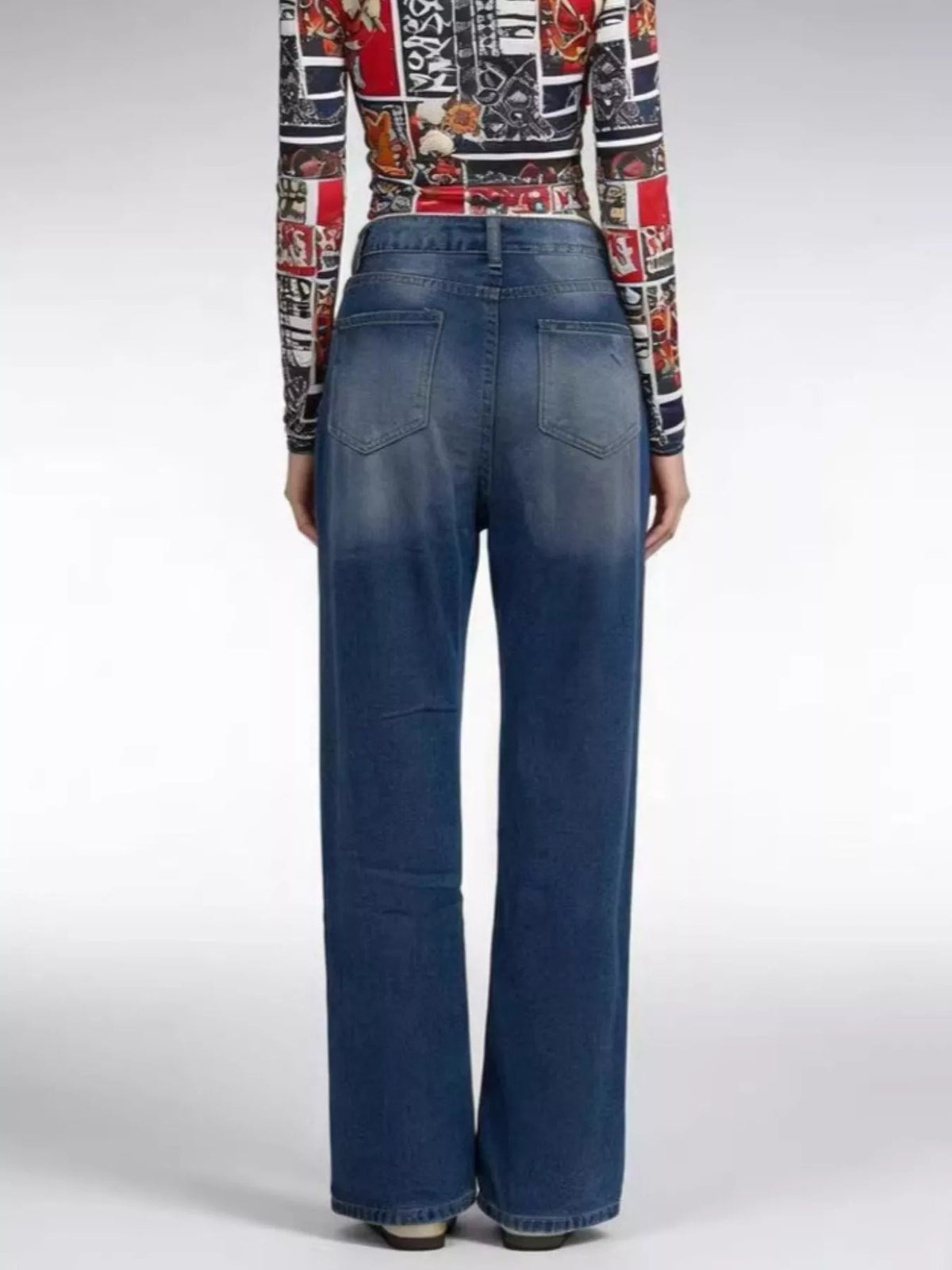 Full length distressed wide leg jeans