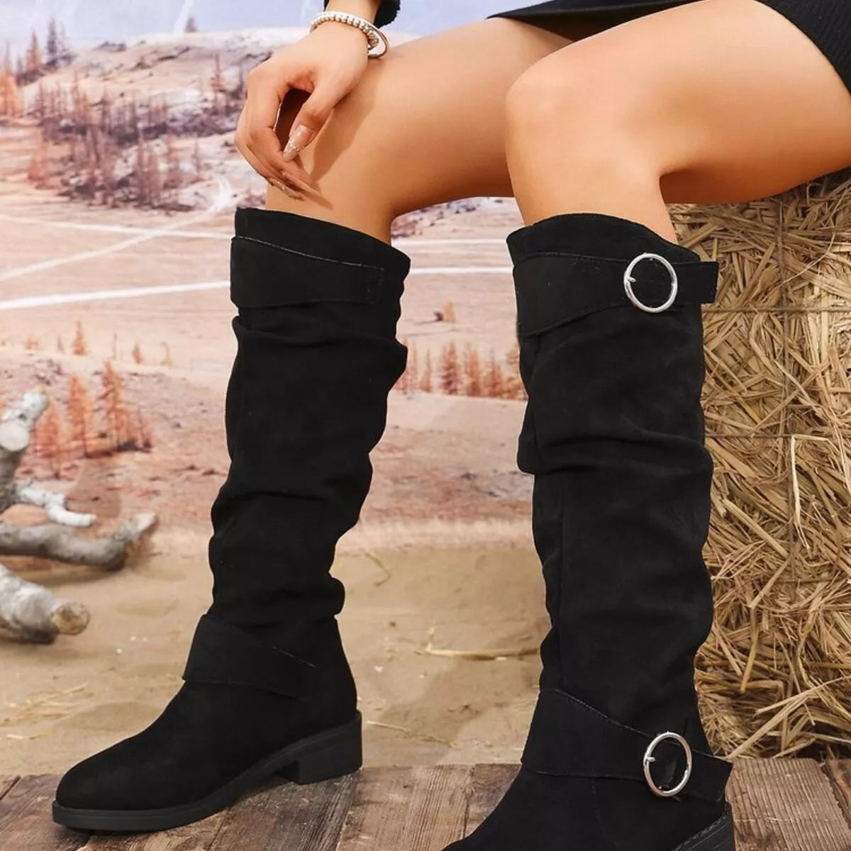black block heel buckle boots side profile