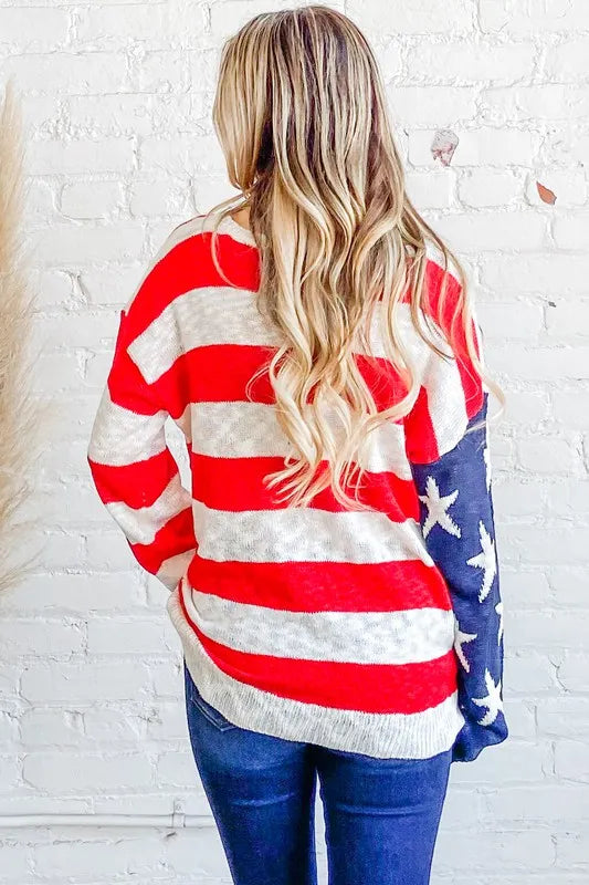 American Flag Long Sleeve Sweater in Red and Navy side view