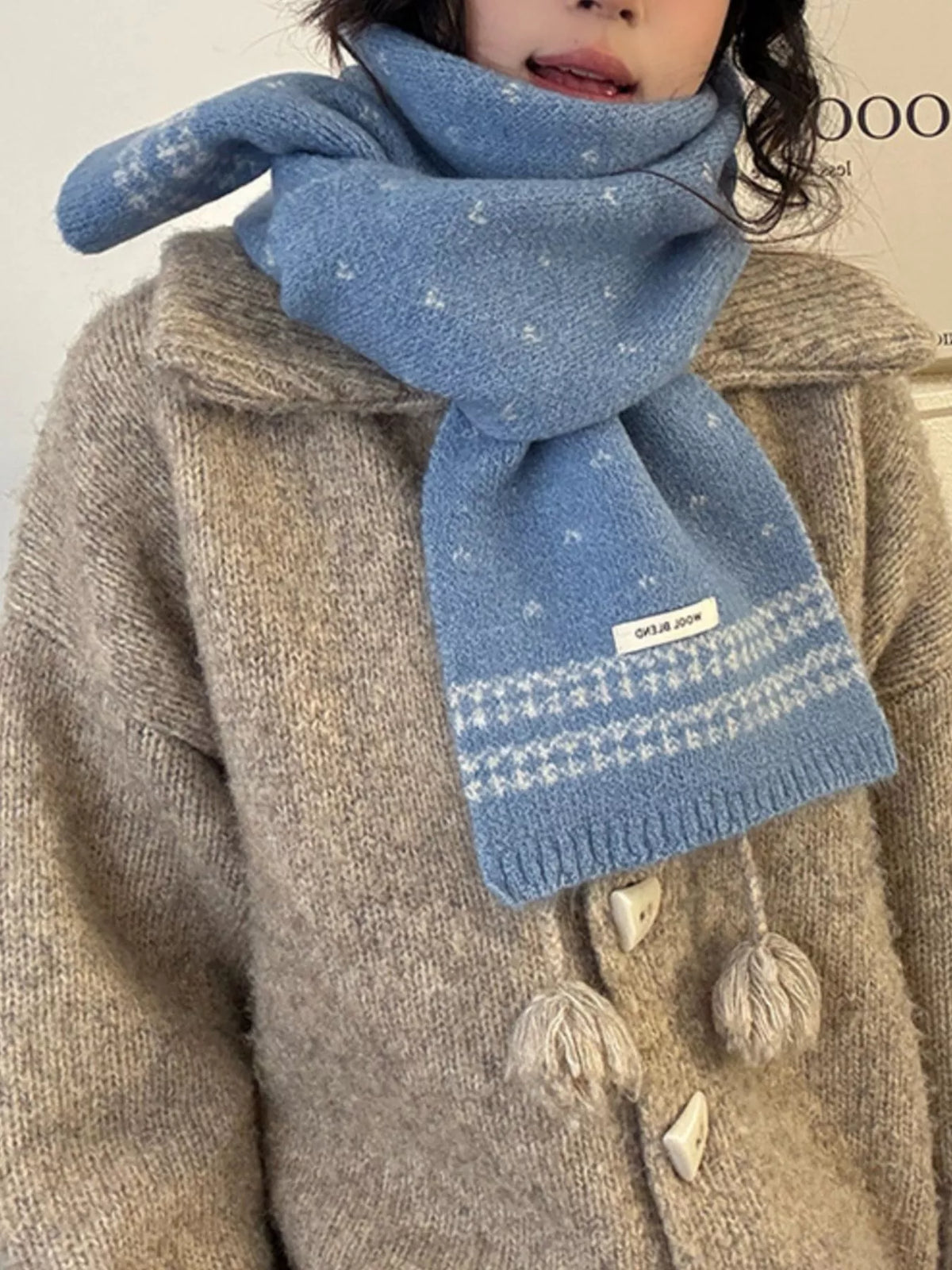 Full length view of the warm knitted winter scarf