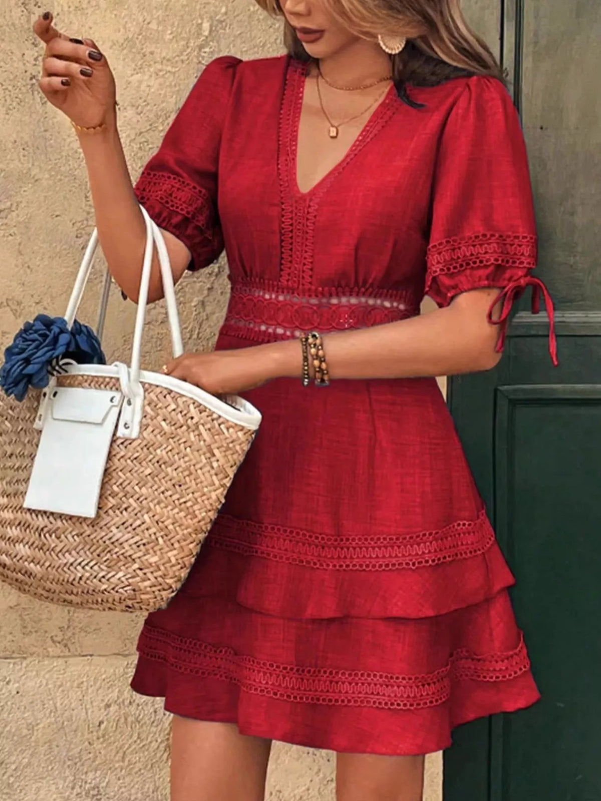 Womens lace dress walking shot