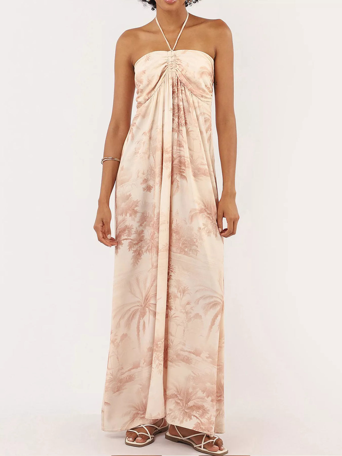 tan tropical print halter neck smocked maxi dress front view