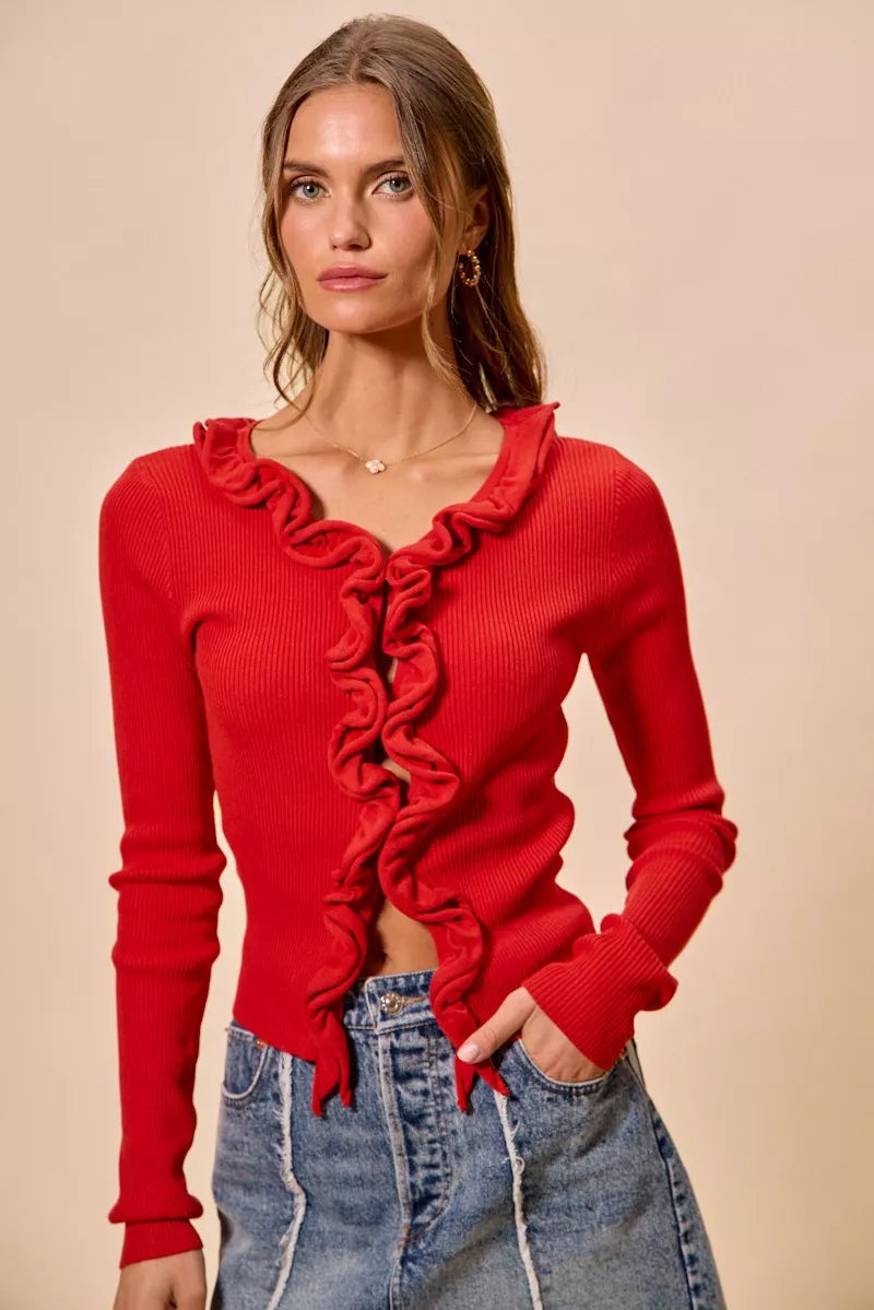 Cascade Ruffle Ribbed Knit Sweater Cardigan, view 12