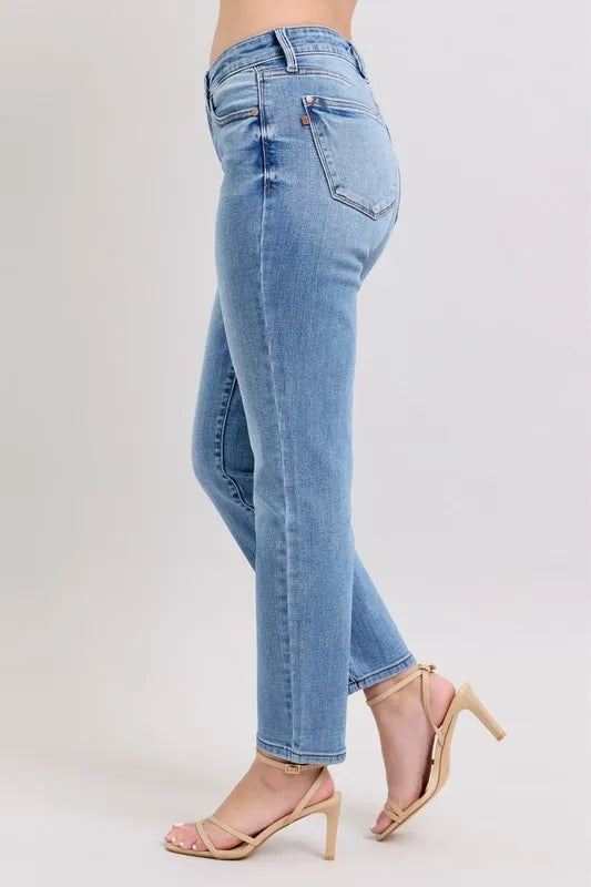 Judy Blue Full Size Mid Rise Vintage Wash Slim Jeans with Cell Phone Pocket Plus Size - Fashorio
