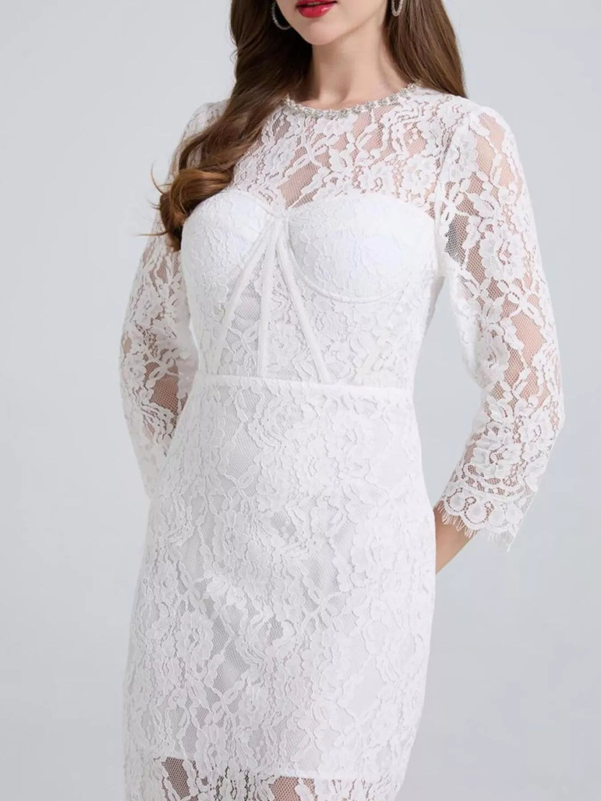 lace long sleeve midi dress shoulder detail