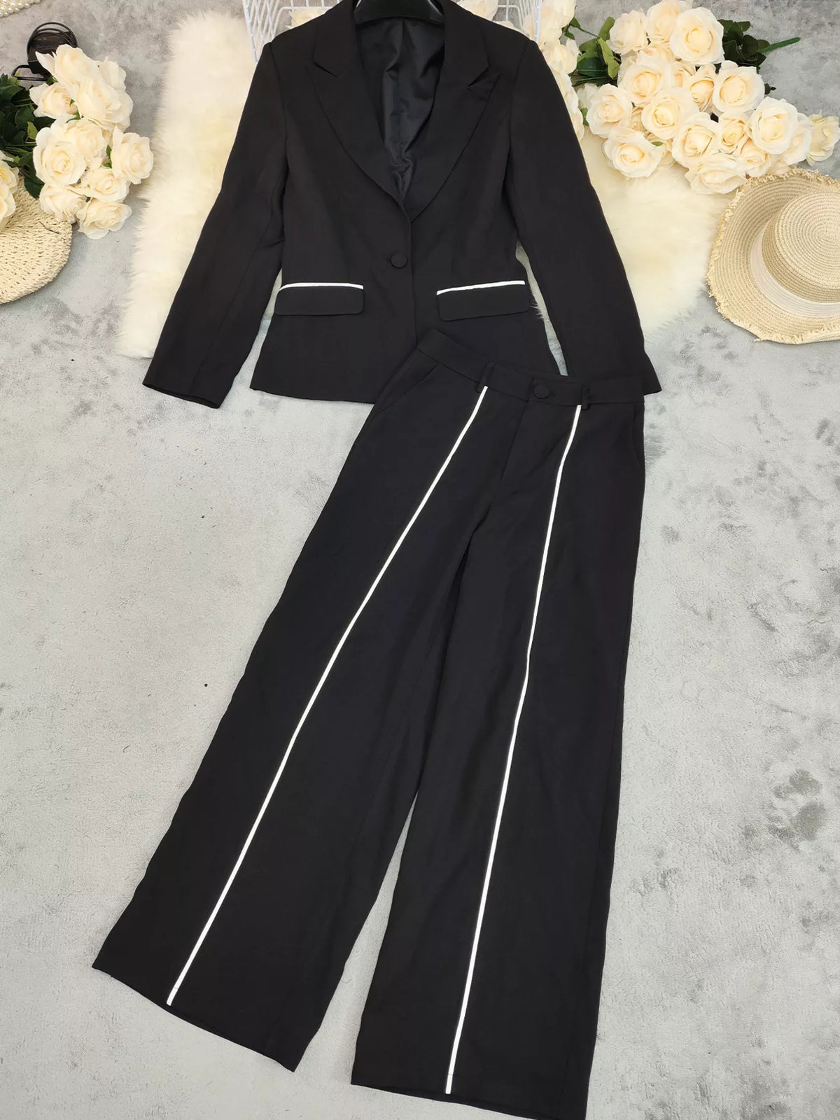 Contrast Trim Blazer and Wide Leg Pants Set, view 5
