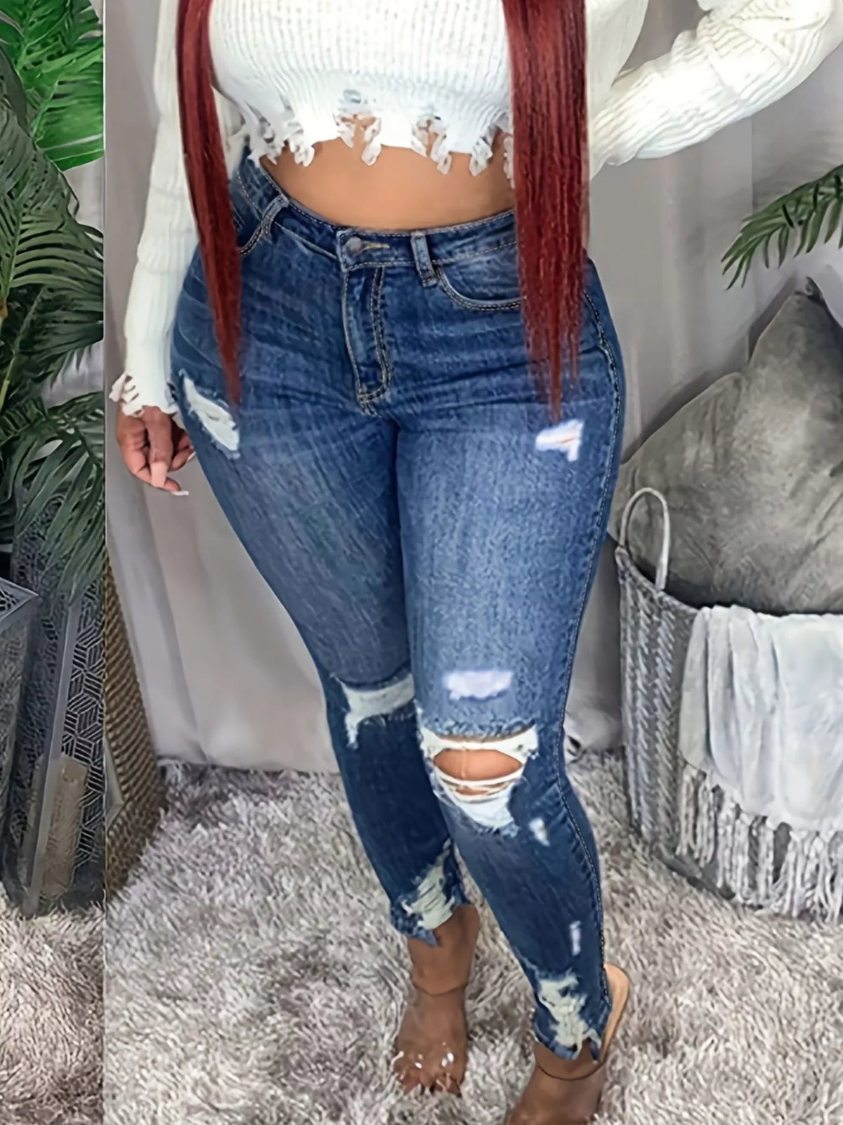 High waist slim distressed denim full length