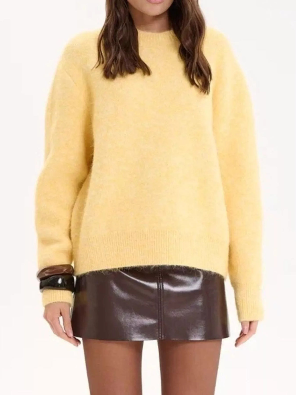 round neck dropped shoulder sweater side profile view