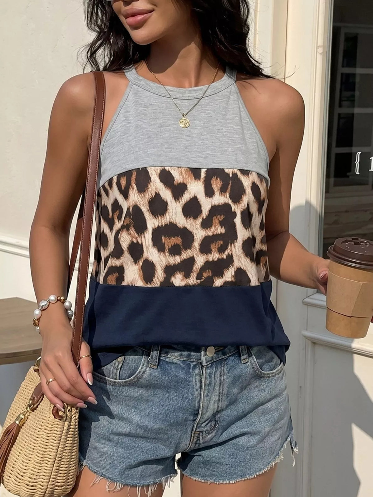Leopard print color block tank full length view