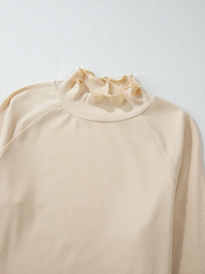 Ribbed Knit Lettuce Trim Mock Neck Long Sleeve Top - Fashorio